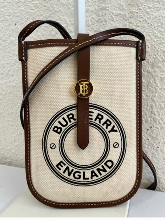 Burberry Handbags - Burberry Cream Canvas Crossbody Phone Pouch with Brown Leather Trim